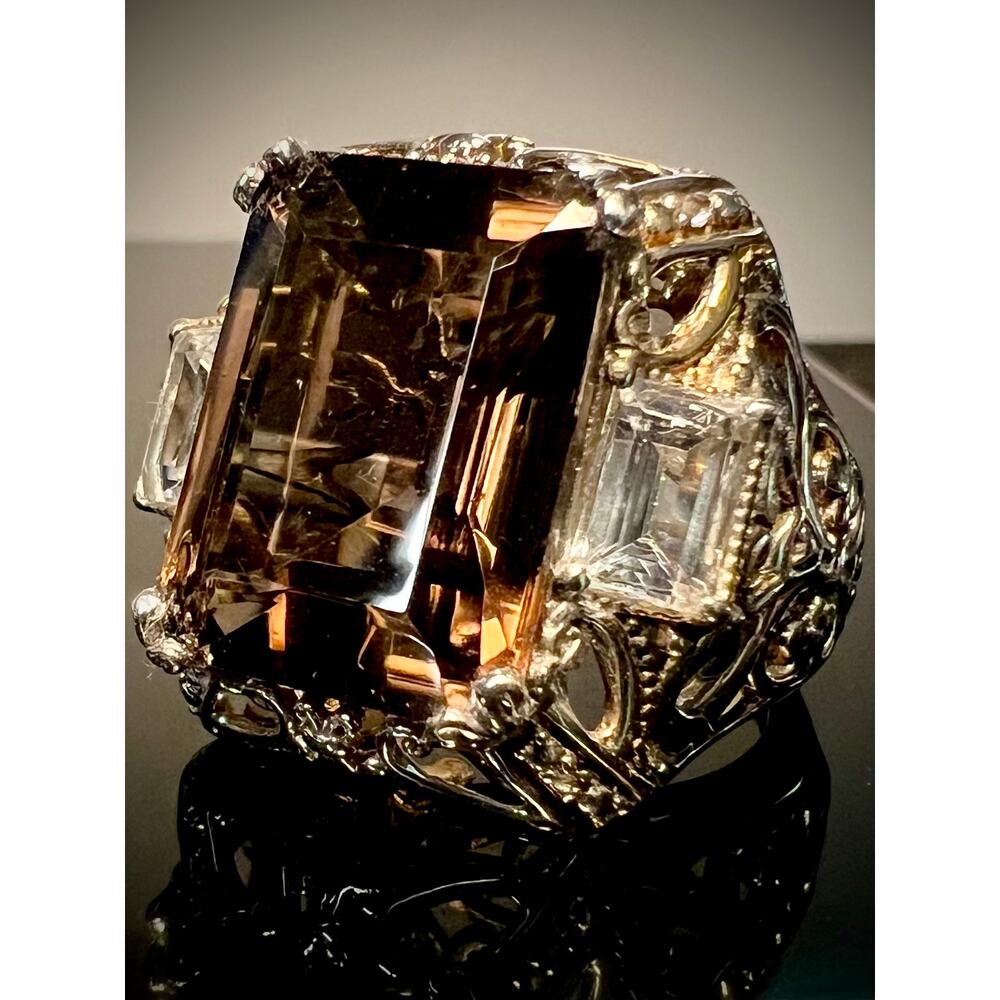 STS 925 Sterling 10K Gold Smoky Quartz Statement Ring Size 7 Filigree 9.9g